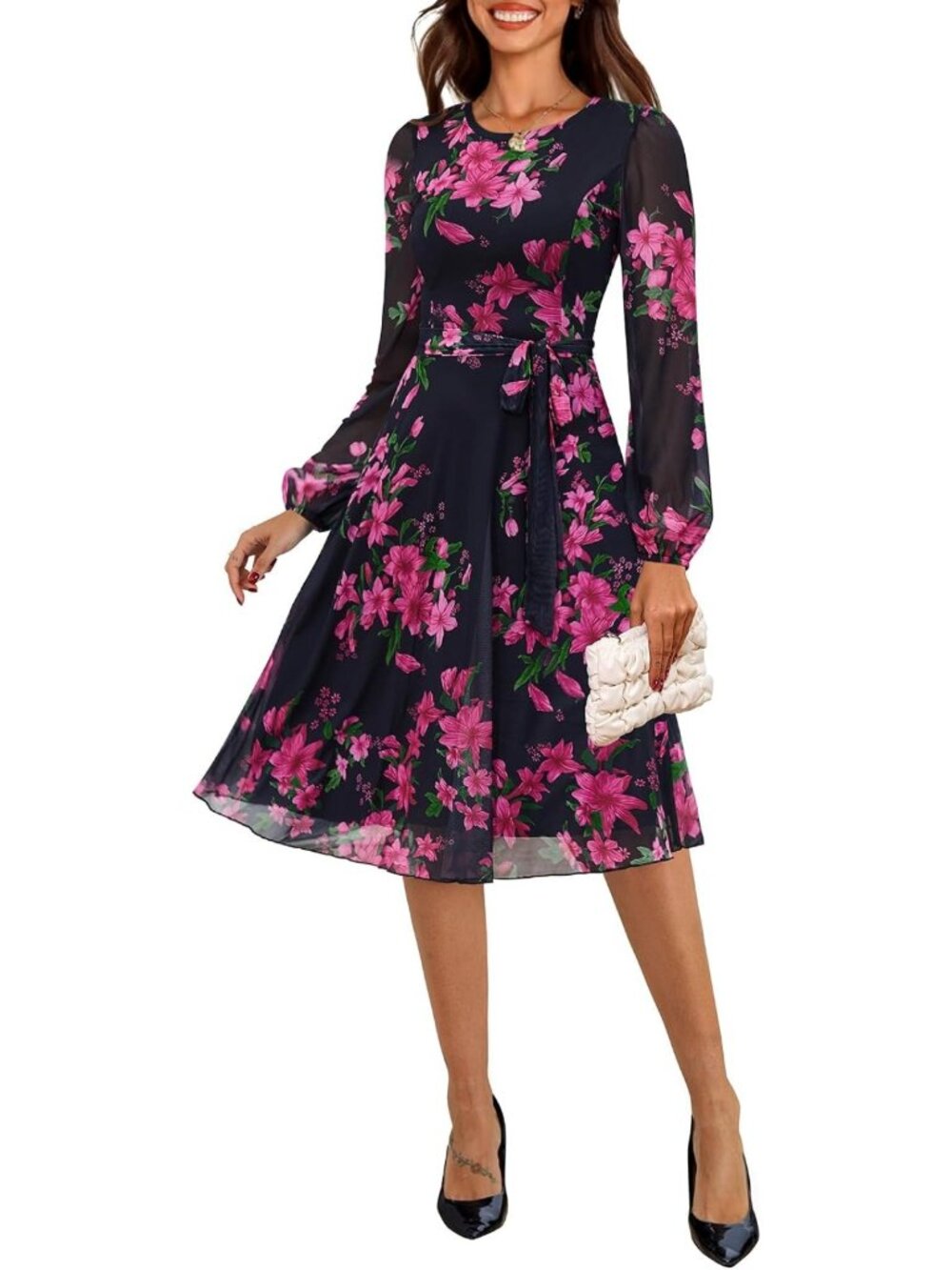 Floral Midi Dress with Long Sleeves, Mesh Details - Perfect for Fall Fashion